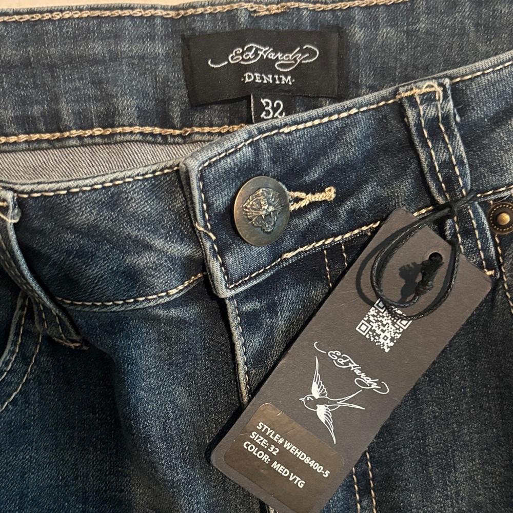 Ed Hardy Slim Flare Women's Multi Color Embroidery Blue Jeans Size 32 - Picture 6 of 6